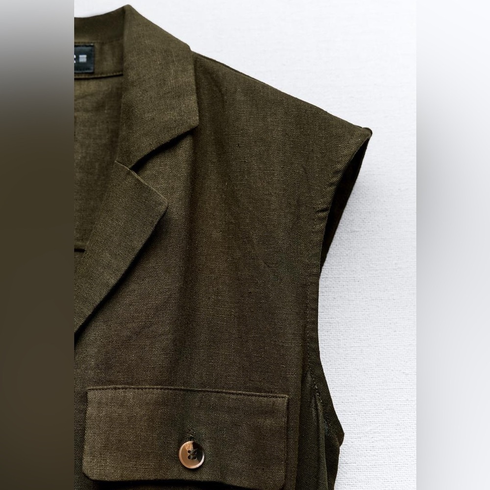 NWT. Zara Dark Khaki Linen Blend Sleeveless Jumpsuit. Size M. - Picture 7 of 11